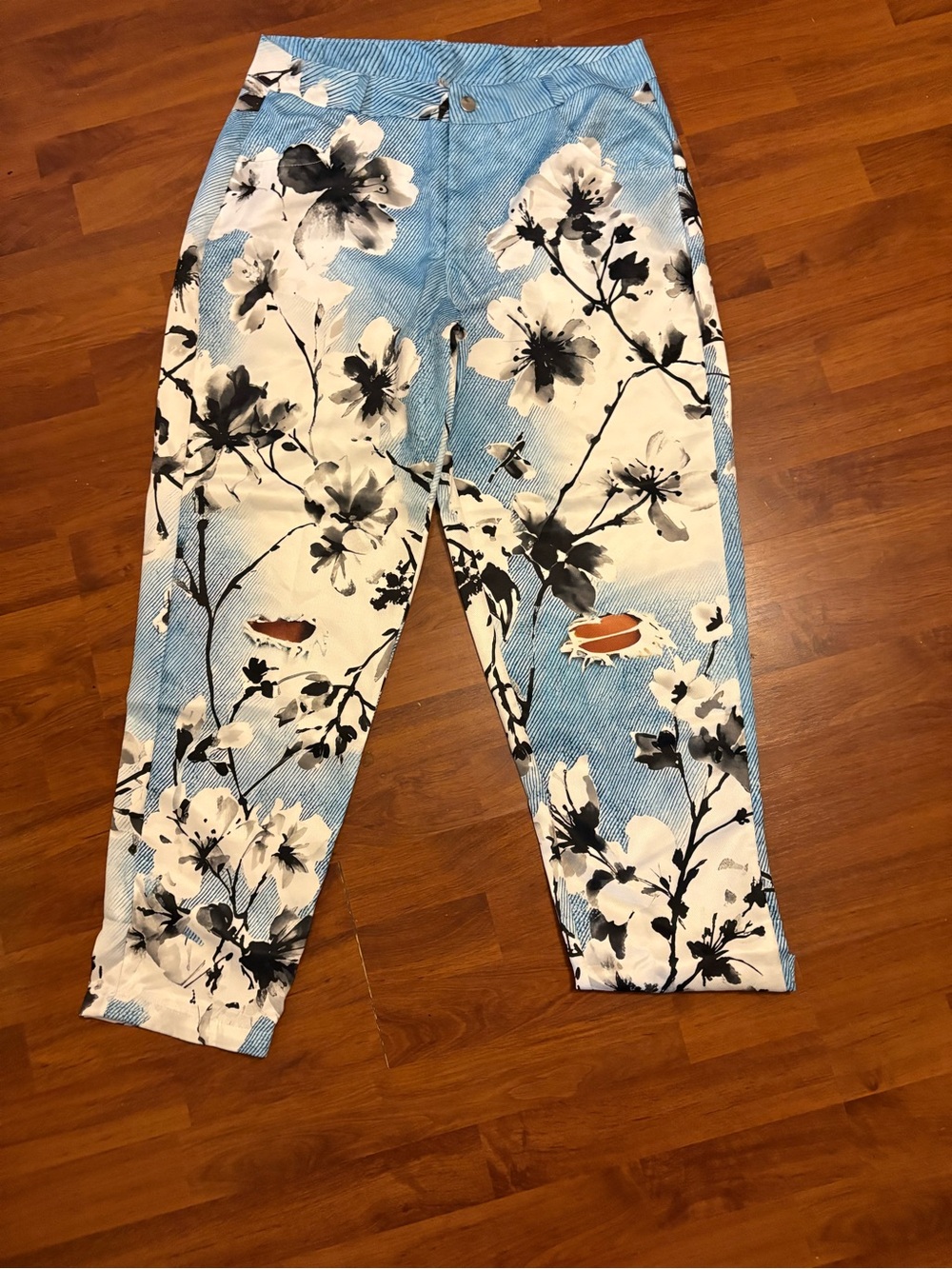 SHEIN Blue, White and Black Floral Distressed Trousers